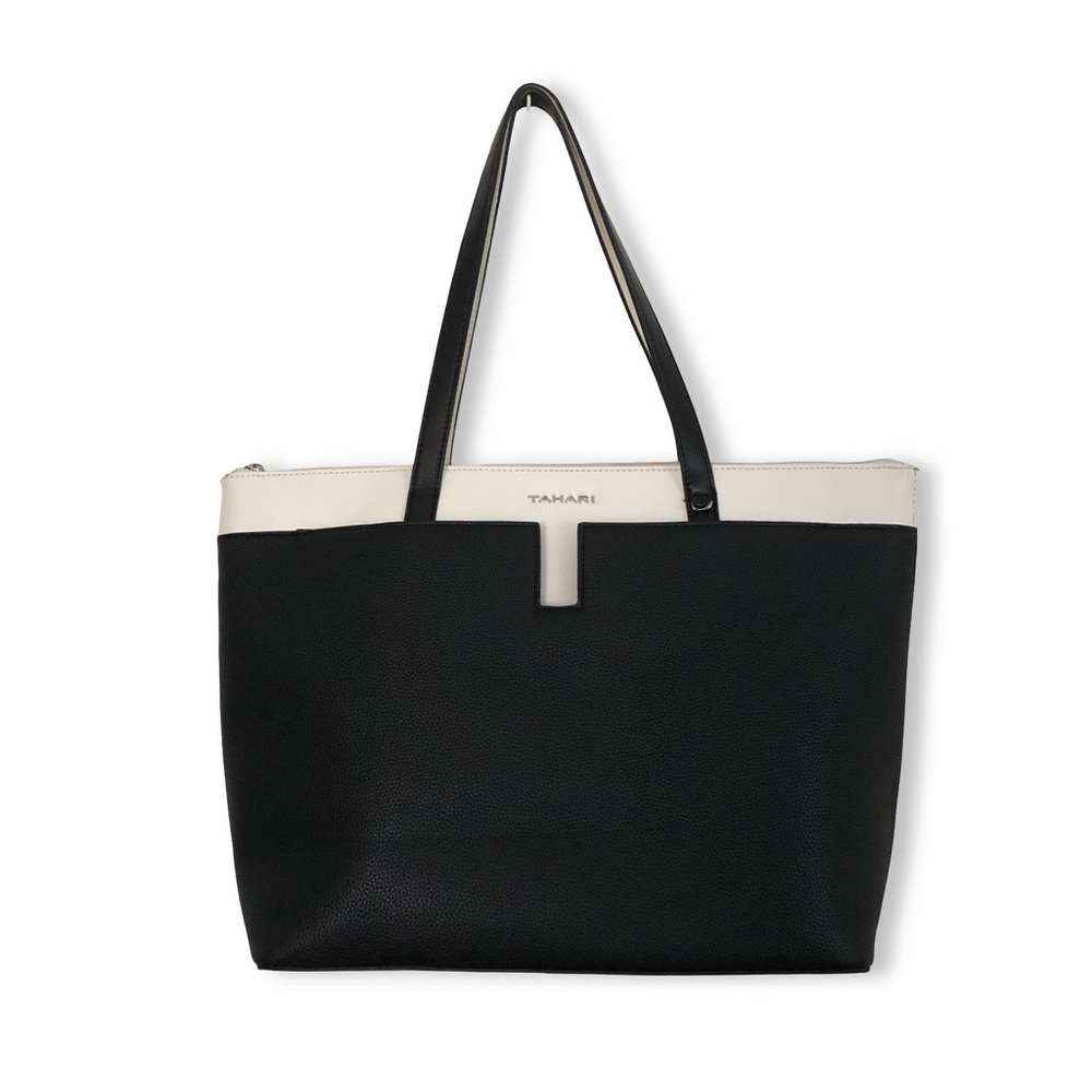 Tahari Black and White Color Block Leather Tote